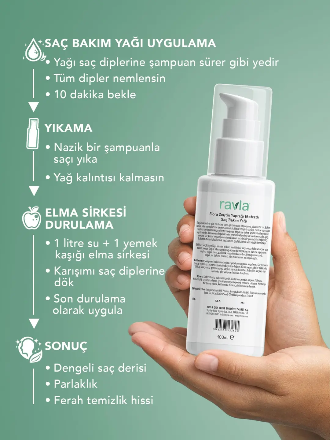 2'li Ürün - Ravla Elora Zeytin Yaprağı Ekstratlı Saç Bakım Yağı 100ml / Ravla Elma Sirkesi 250ml