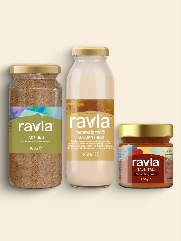 3'lü Ürün - Ravla Badem İçeceği Konsantresi - 250g /Ravla Salgı Balı (Meşe Kaynaklı) - 250g/Ravla İğde Unu 100g